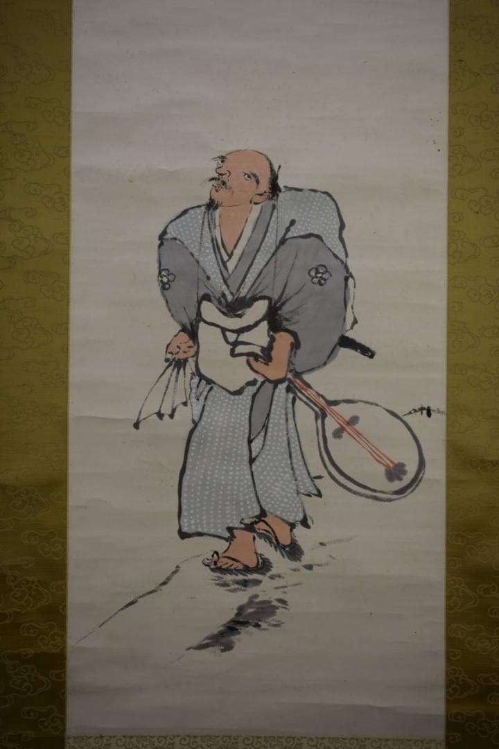 真作/桜松園/櫻松園/富士に人物画賛/絹表装/桐箱二重箱付/布袋屋掛軸HI-32