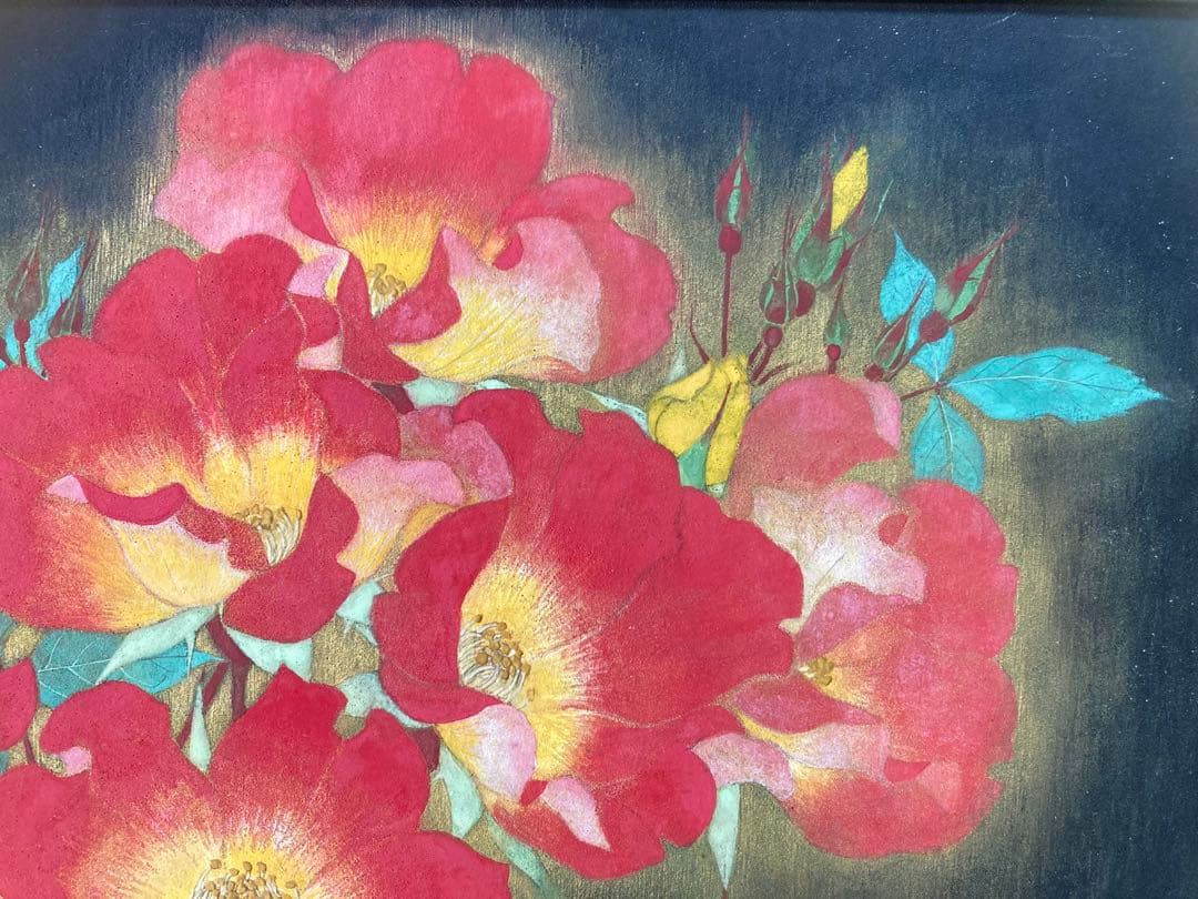 【真作保証】杉山紀美子「薔薇」日本画 印章 共シール有り 絵画