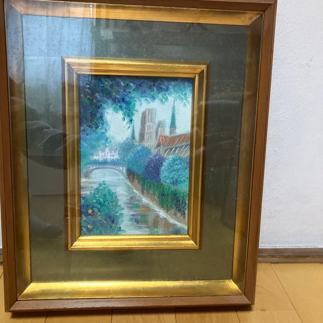 油彩画　風景画 『画題ラ・セーヌ』金色木製フレーム付き