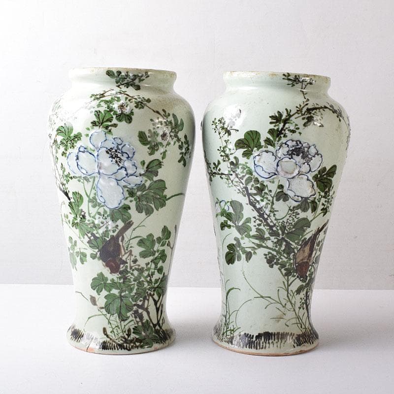 瀬戸焼　古瀬戸　青磁色絵花鳥文瓶　一対　J　R8751H