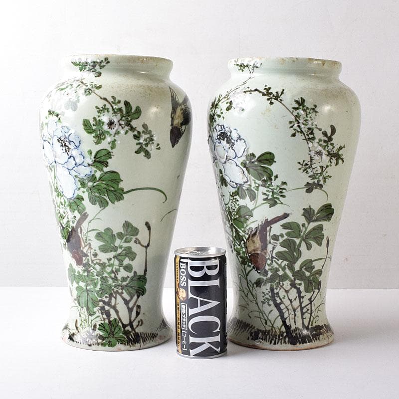 瀬戸焼　古瀬戸　青磁色絵花鳥文瓶　一対　J　R8751H