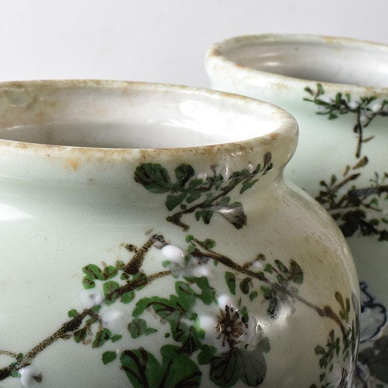 瀬戸焼　古瀬戸　青磁色絵花鳥文瓶　一対　J　R8751H