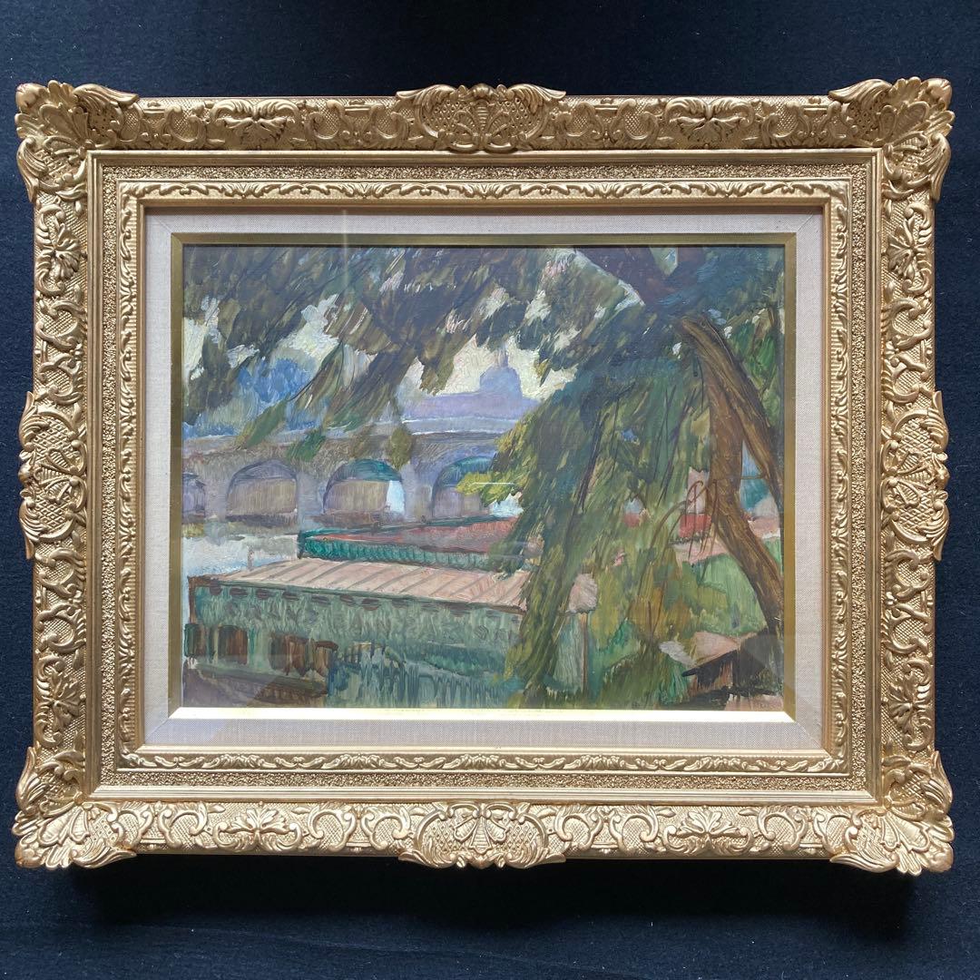 神津港人 「セーヌ湖畔」F6額約50×59絵薬31×39￼CM 古径額タトウ箱