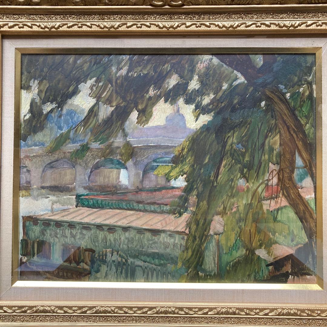 神津港人 「セーヌ湖畔」F6額約50×59絵薬31×39￼CM 古径額タトウ箱