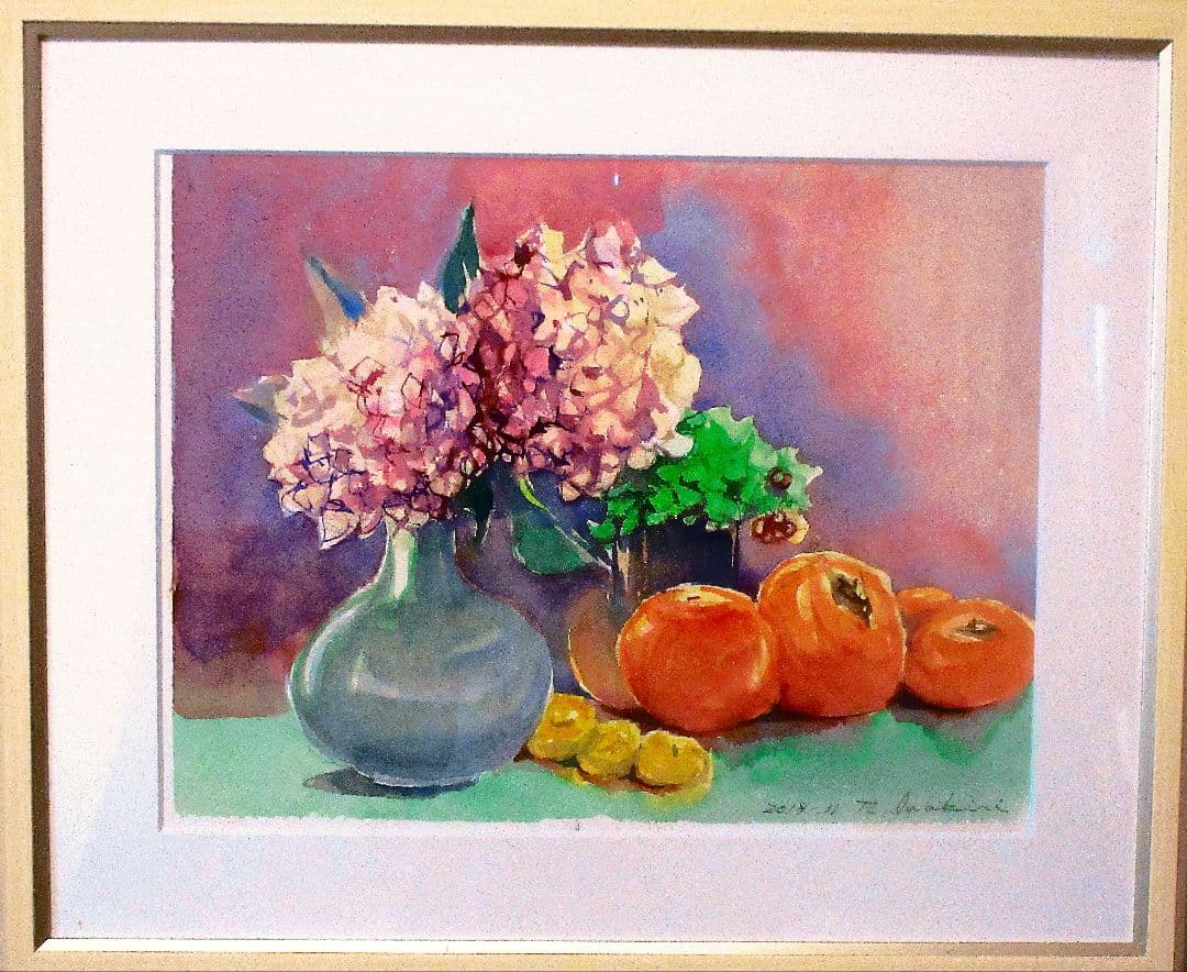 花瓶と果物の水彩画