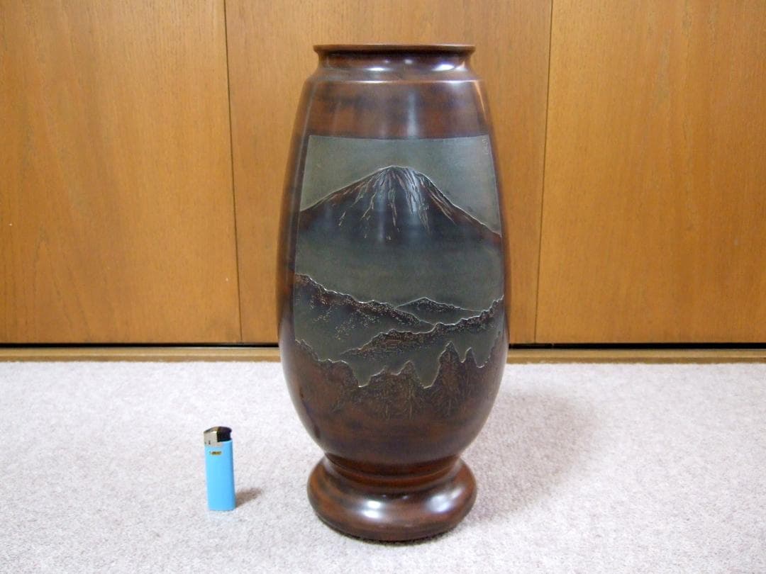 中国美術 欽州 泥興陶 山水彫刻 浮彫 窯変 飾り壺 / 富士山 花瓶 花器