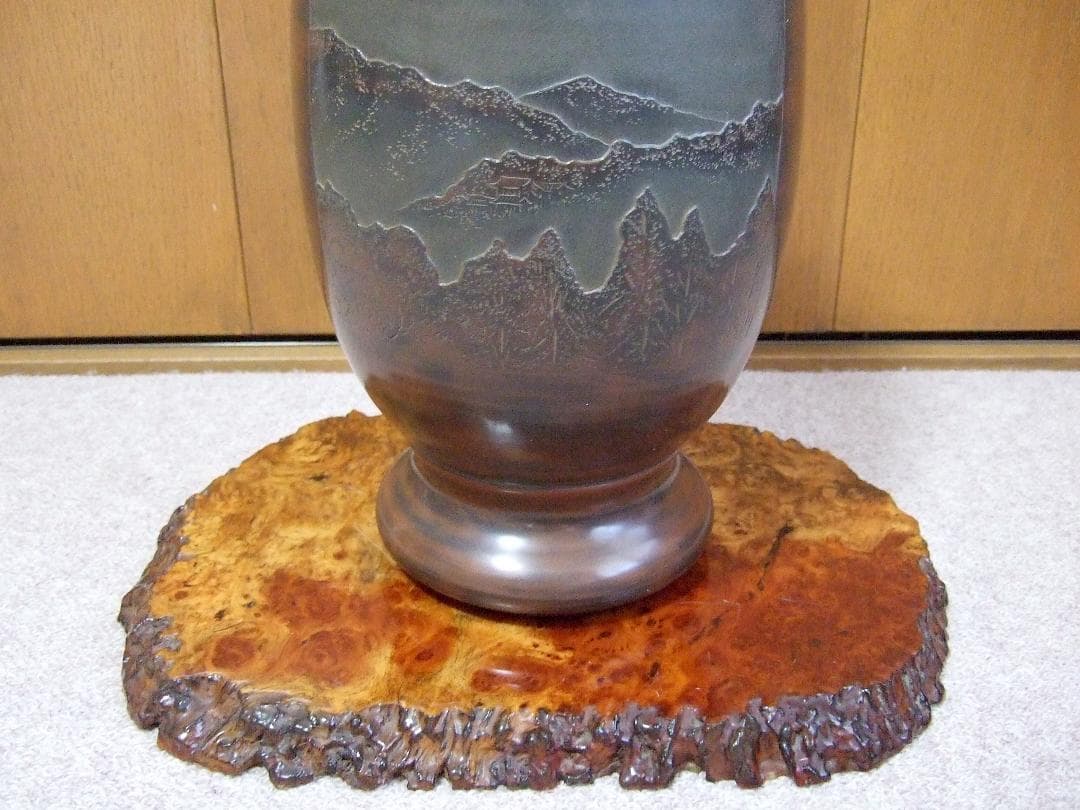 中国美術 欽州 泥興陶 山水彫刻 浮彫 窯変 飾り壺 / 富士山 花瓶 花器