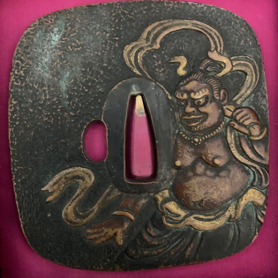 《アンティーク・希少レア》《送料無料》⭐︎金剛力士仁王像文四角 銅鍔　木箱付き♪⭐︎