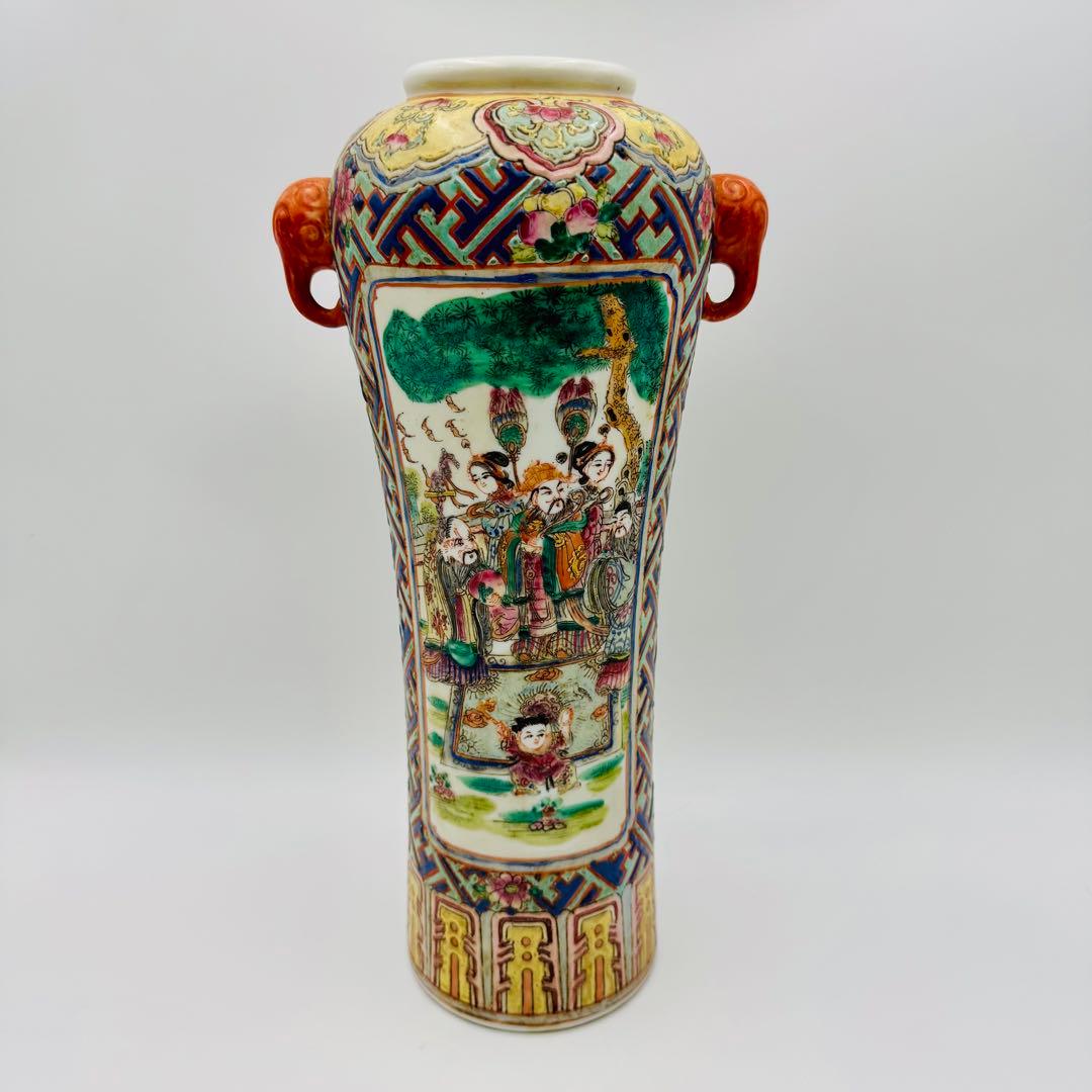 【中国　大清嘉慶年製　粉彩唐美人図象耳花瓶】骨董　アンティーク　時代箱