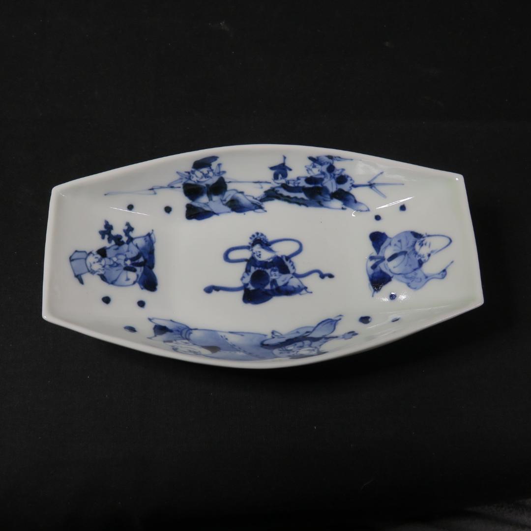 向付 染付 七福神 5客 明治 大正 昭和初期 銘 変形皿 小皿 その2