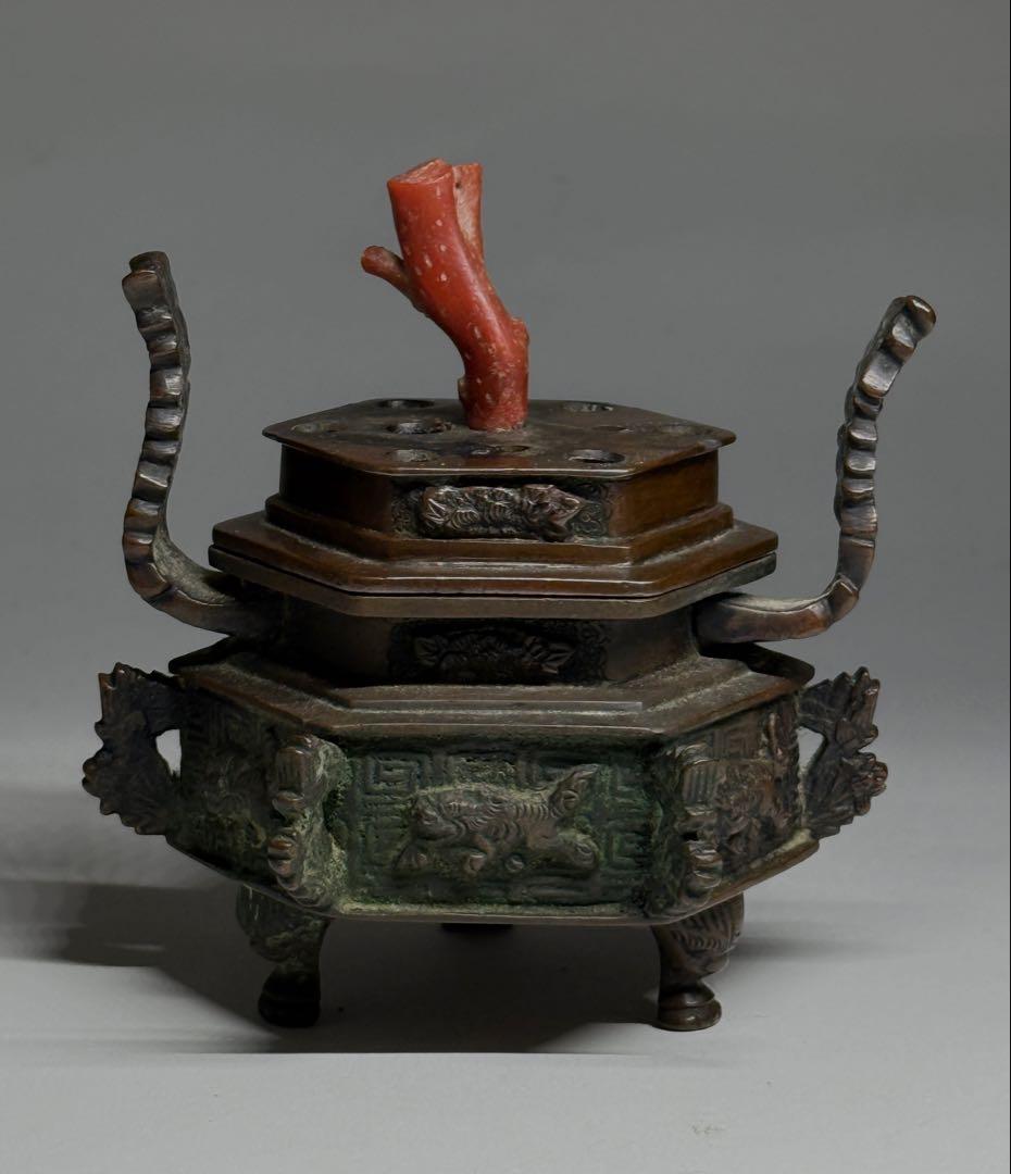 銅製　香炉　獅子　蓋付　銅器　香道具