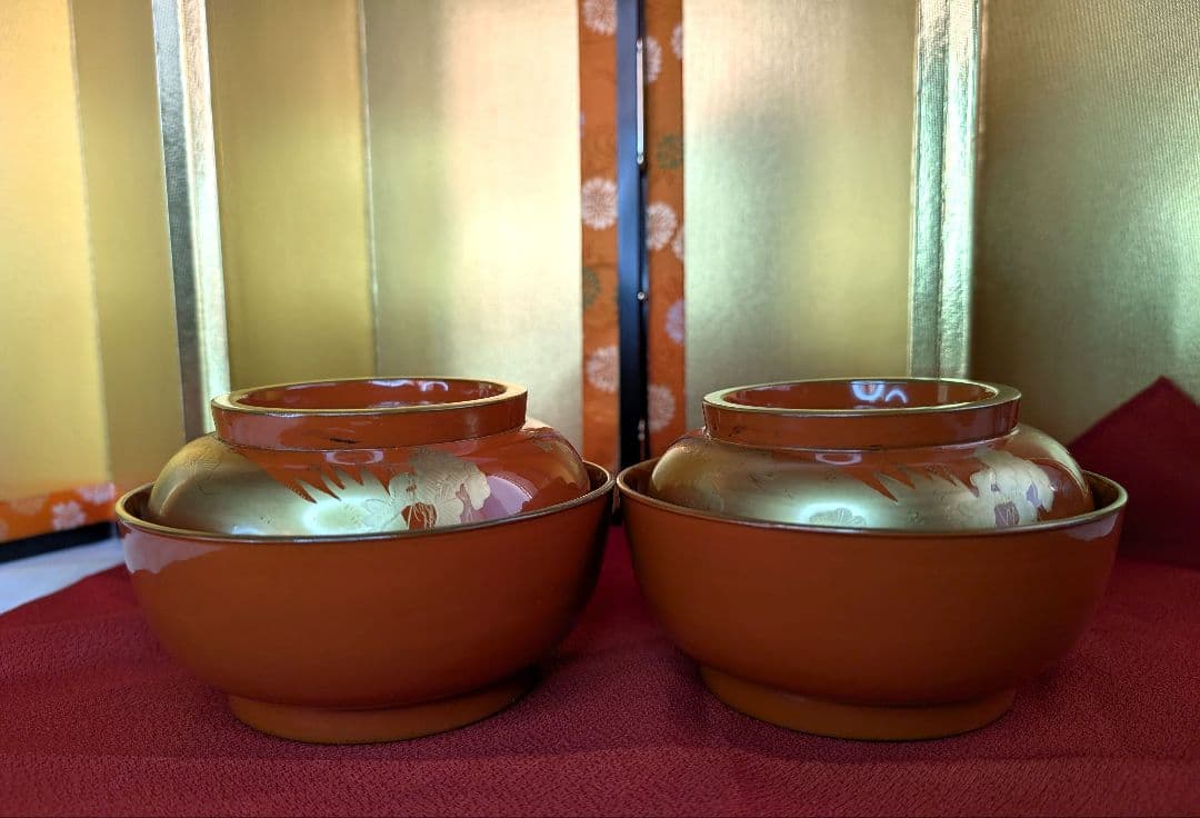 明治時代 輪島塗 金蒔絵 蓋付椀 波千鳥 2客 木製 汁椀 吸物椀 雑煮椀