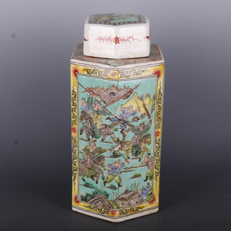 緑地パステル戦将紋お茶の缶 景徳鎮 陶磁器 装飾品 現代工芸品 美術品 置物