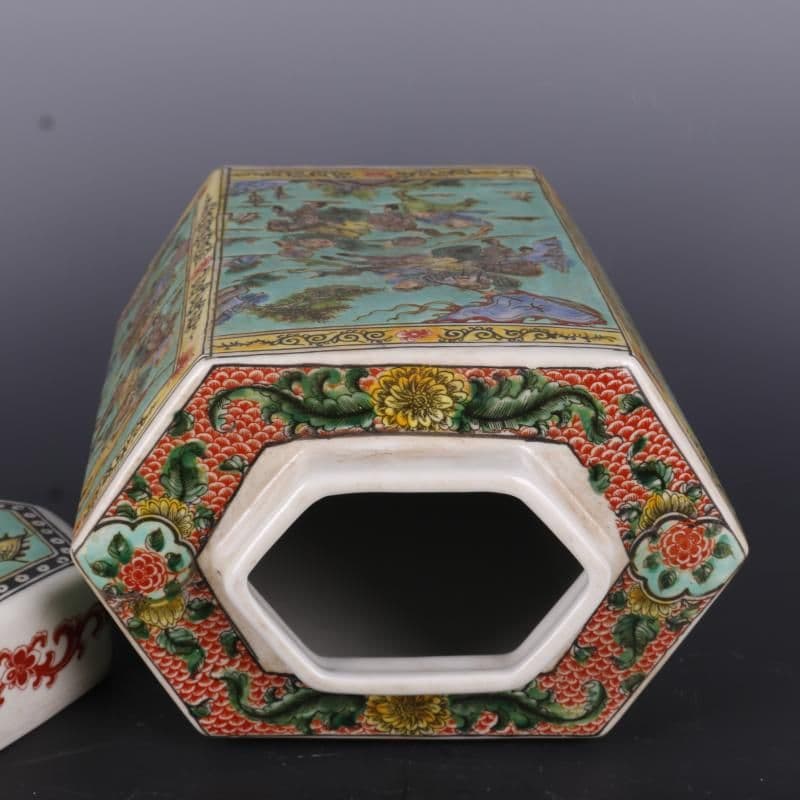緑地パステル戦将紋お茶の缶 景徳鎮 陶磁器 装飾品 現代工芸品 美術品 置物
