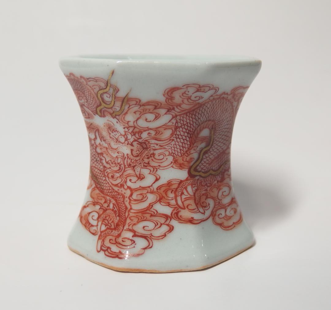 赤絵細描雲龍図蓋置/茶道具/珍品