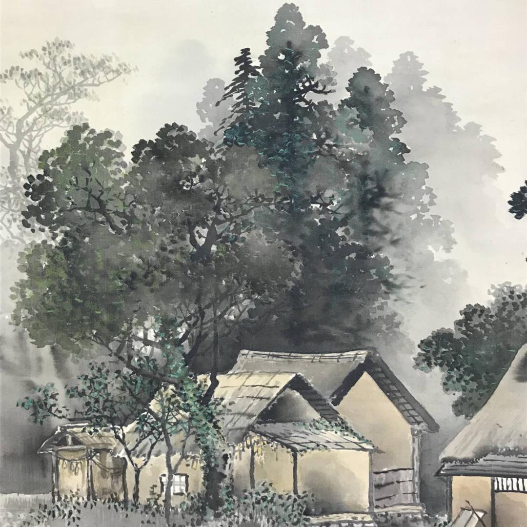 真作/西村秀岳/孤村新藹/こそんしんあい/新緑田家図/掛軸/名家伝来/AE-33