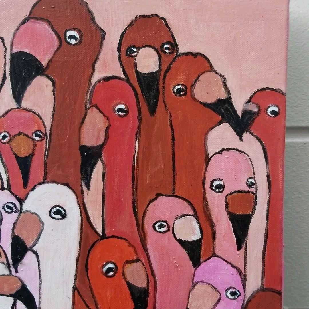 油絵　マミ　仲良く集まる首の長い鳥たち　密は楽し