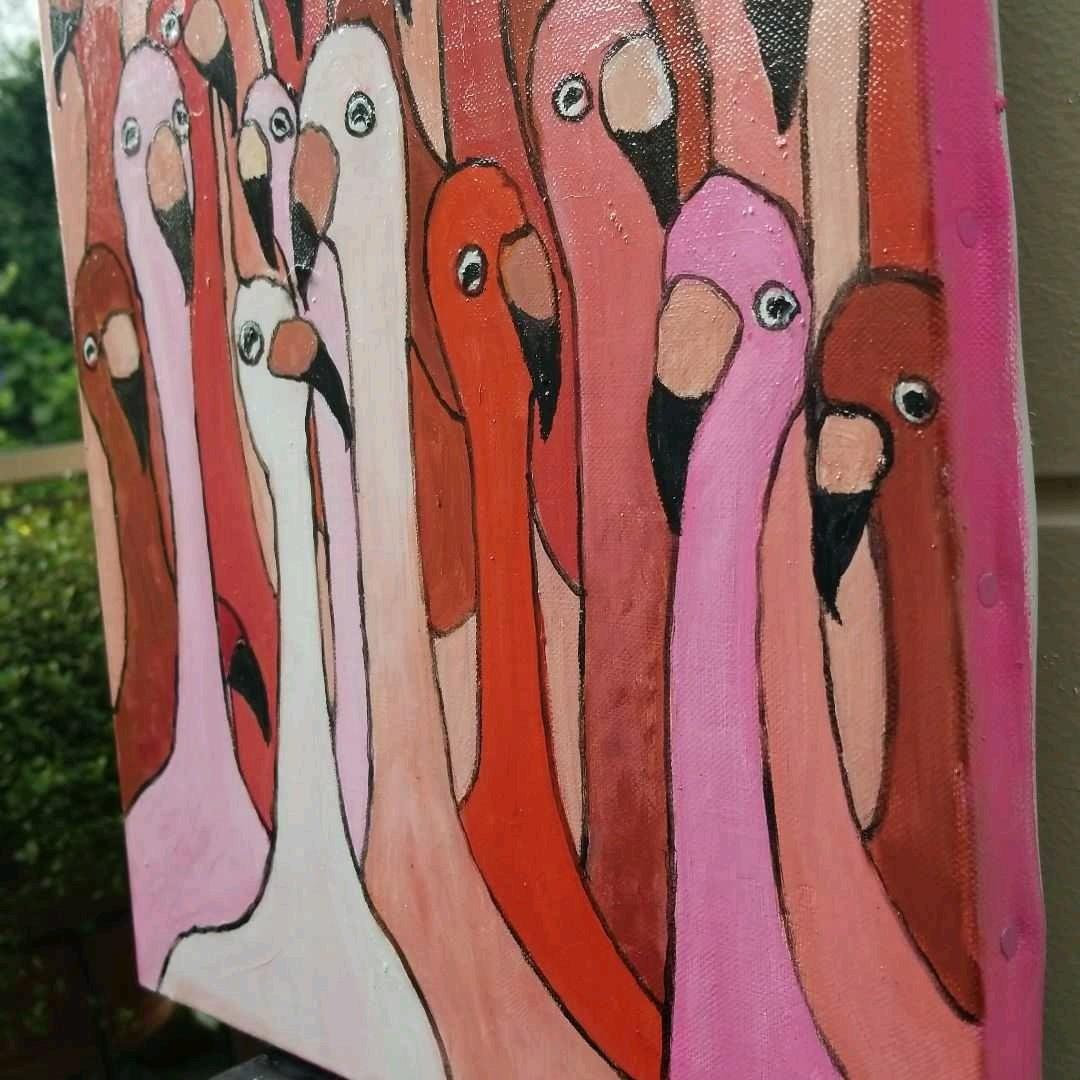 油絵　マミ　仲良く集まる首の長い鳥たち　密は楽し