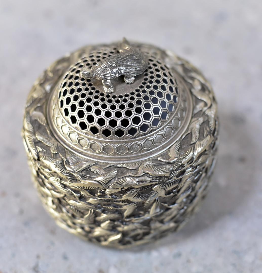 佐野宏采造（彫金作家）華鶴香炉　共箱　金属工芸