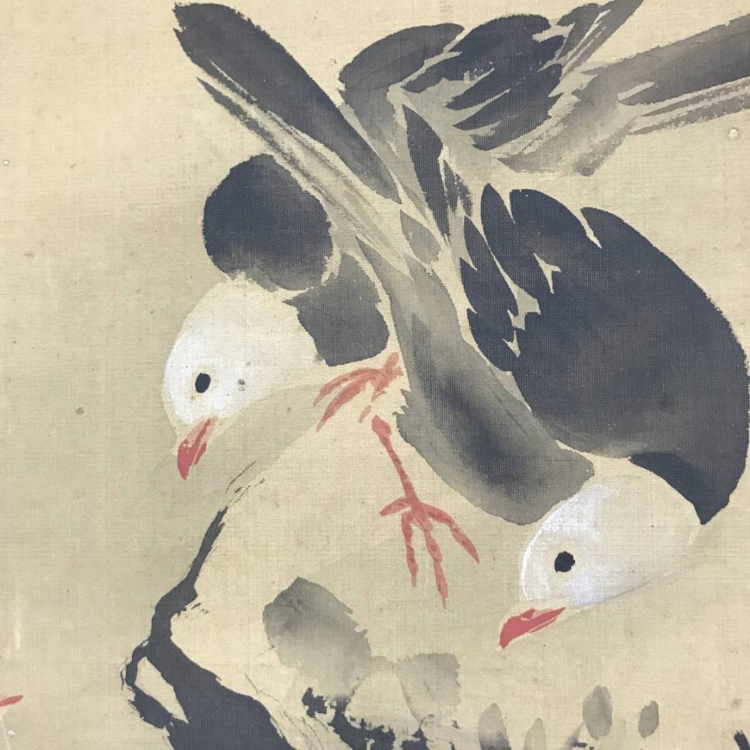 【真作】狩野古信/紅葉小禽図/花鳥図/横物/江戸中期/掛軸/名家伝来AC-409