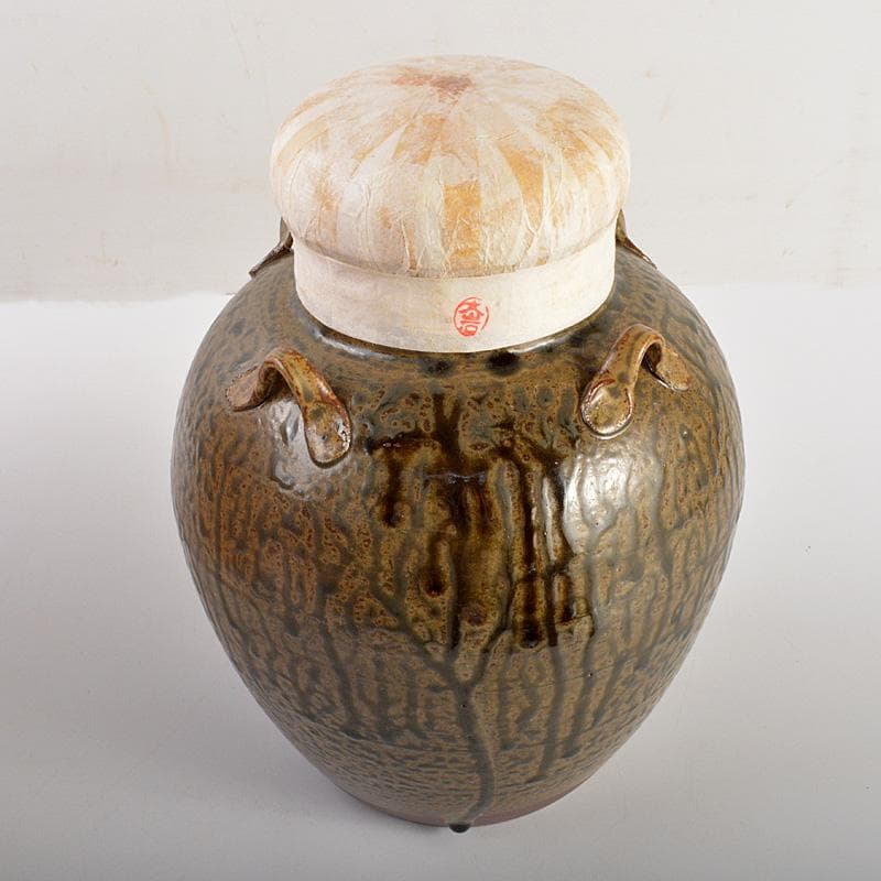 丹波焼　信水窯　飾壷　口覆・飾紐付　共箱　C　6592C