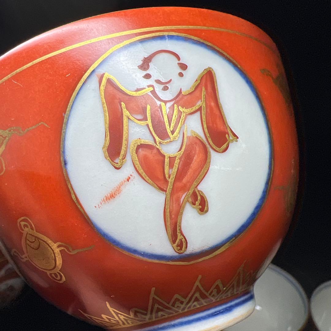 古伊万里　極上手　赤絵人形手煎茶碗　木箱　口径約8.5㎝　東Y8-0206☆2F