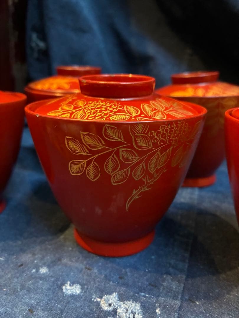 漆器　沈金　①吸物椀　荷物椀　5客　輪島塗　漆傷みなし 朱塗り　木製　小吸物