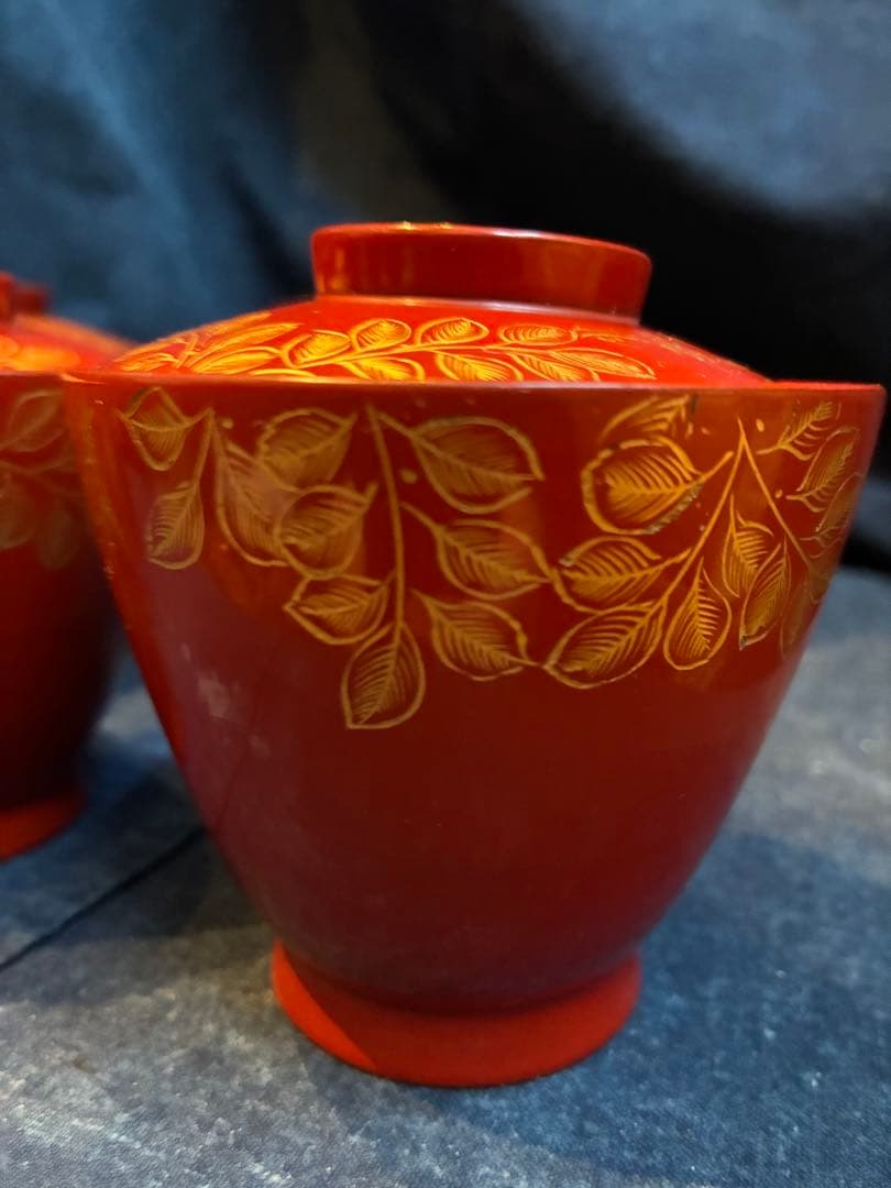 漆器　沈金　①吸物椀　荷物椀　5客　輪島塗　漆傷みなし 朱塗り　木製　小吸物