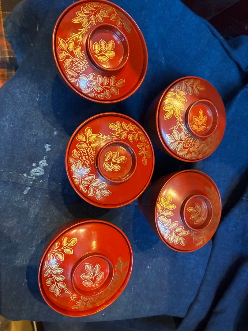 漆器　沈金　①吸物椀　荷物椀　5客　輪島塗　漆傷みなし 朱塗り　木製　小吸物