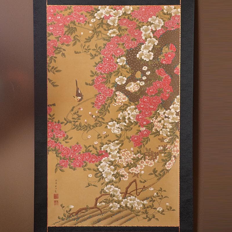 掛軸　平安　伊藤若冲作　工芸印刷　花鳥図　時代箱付　M　4649A