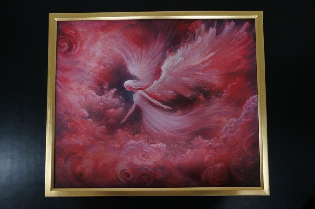 0003　絵画　天使の絵　赤　ピンク　額縁