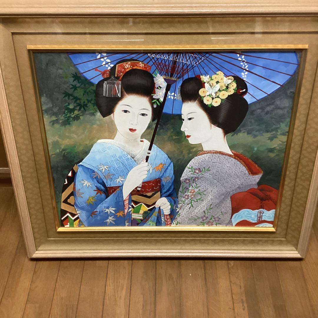 六代目歌川豊国作　　手描き　　日本画板画　題目　舞妓図　　額装仕立て