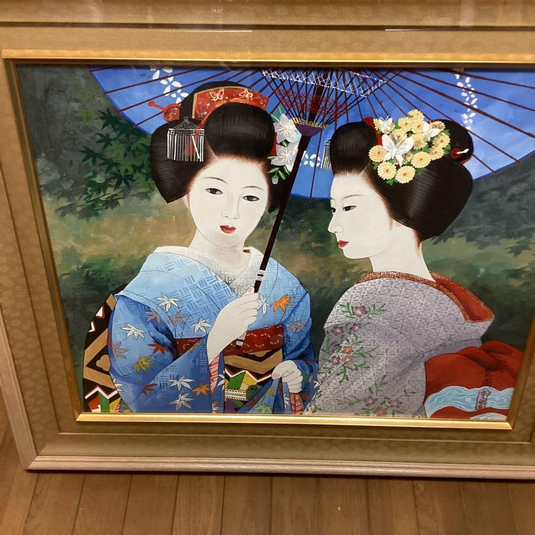 六代目歌川豊国作　　手描き　　日本画板画　題目　舞妓図　　額装仕立て