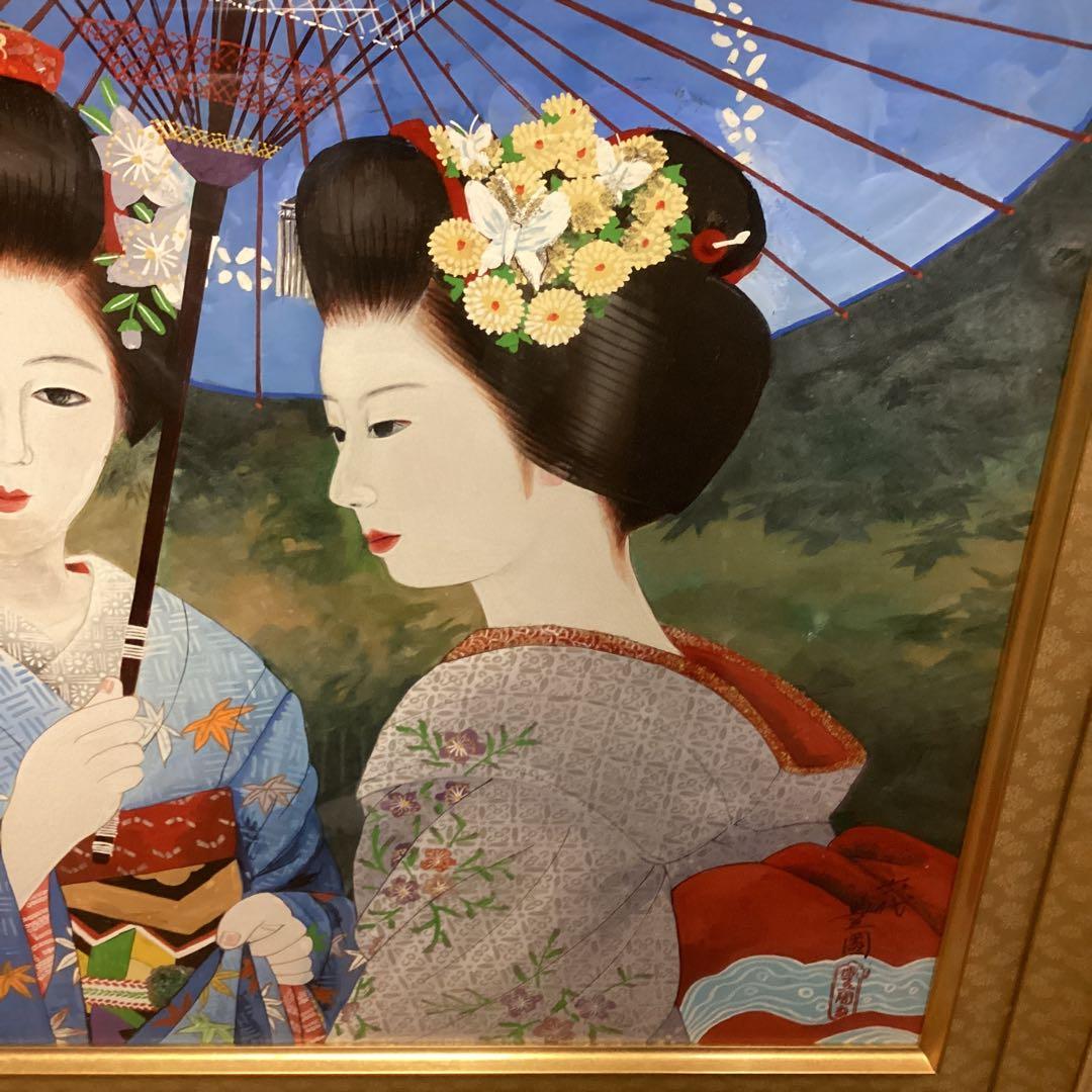 六代目歌川豊国作　　手描き　　日本画板画　題目　舞妓図　　額装仕立て