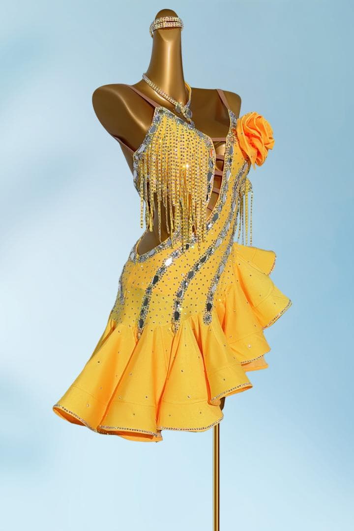 ラテンドレス 高級競技用 ワンショルダー フリル ワンピース ステージ衣 競技会