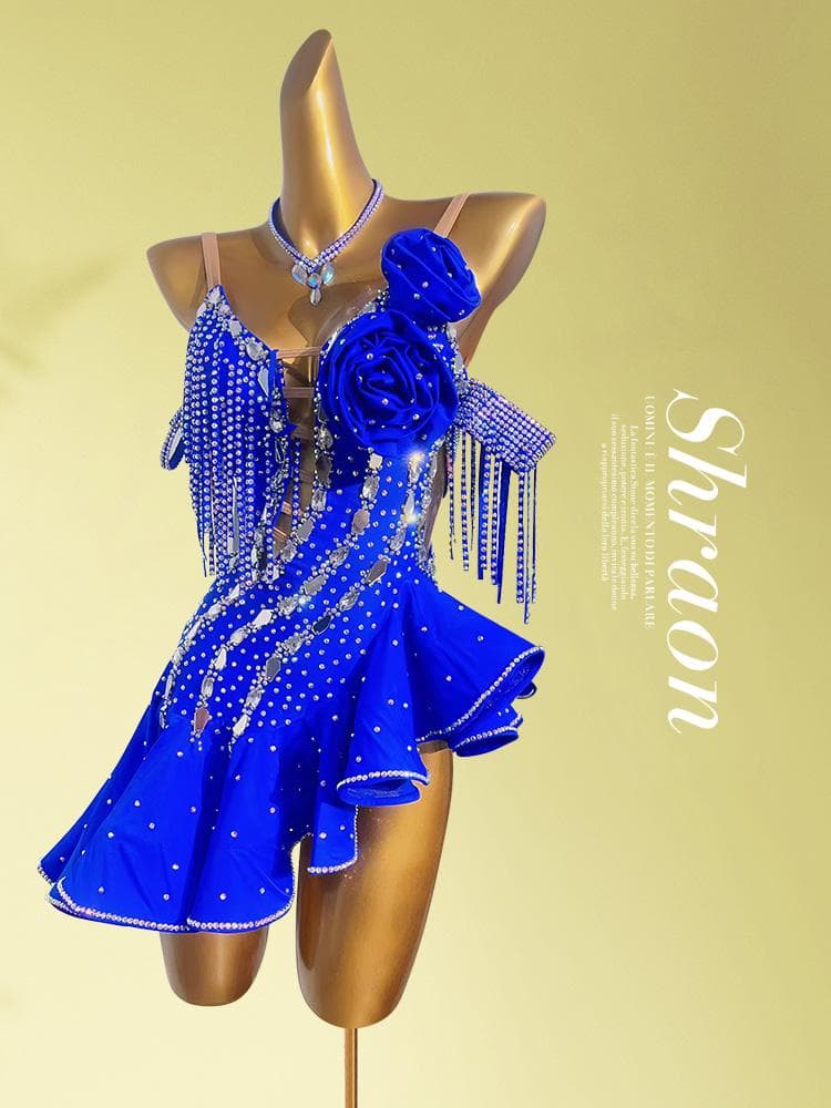 ラテンドレス 高級競技用 ワンショルダー フリル ワンピース ステージ衣 競技会