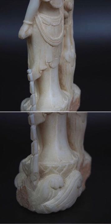 送料無料　古い白石彫刻 龍頭観音菩薩立像 箱付 中国古玩 仏教美術