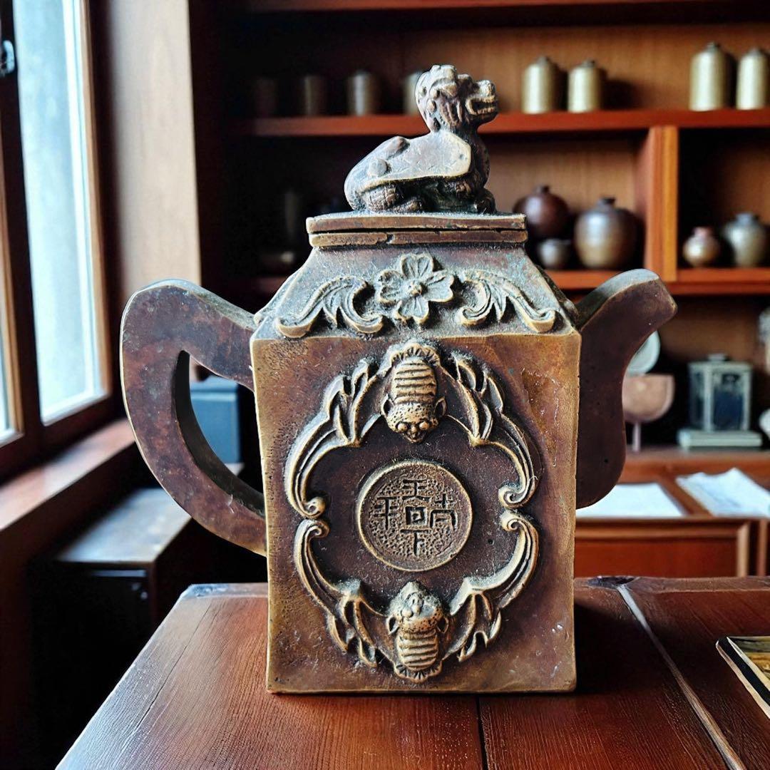 中国古美術 貔貅 嘉慶通寶蝙蝠 瑞獣文 縁起古銅急須 金運招来 書道具 墨壺水滴