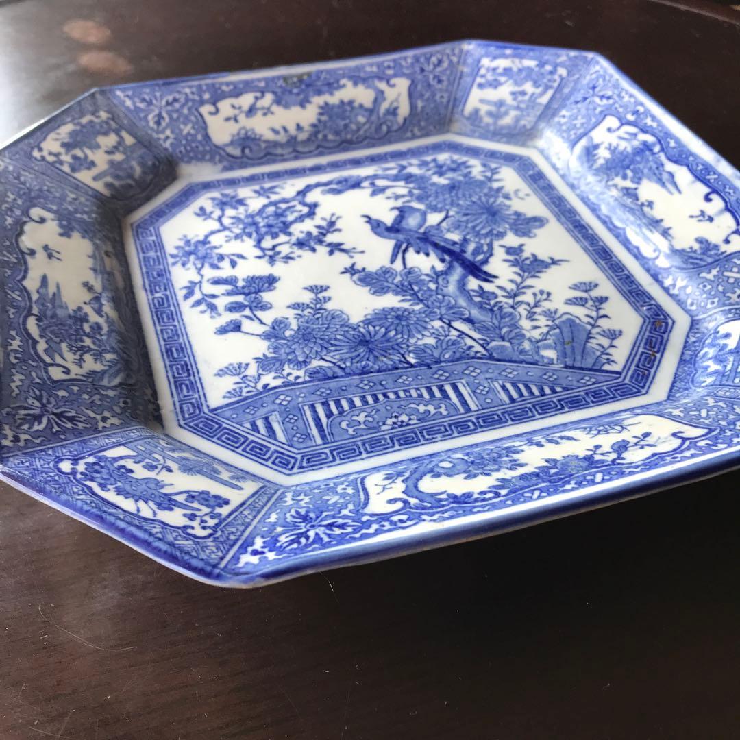 美品　陶器　年代物　盛り皿　角皿　八角絵皿　丁寧に描かれた雷鳥や菊の絵柄が素敵な