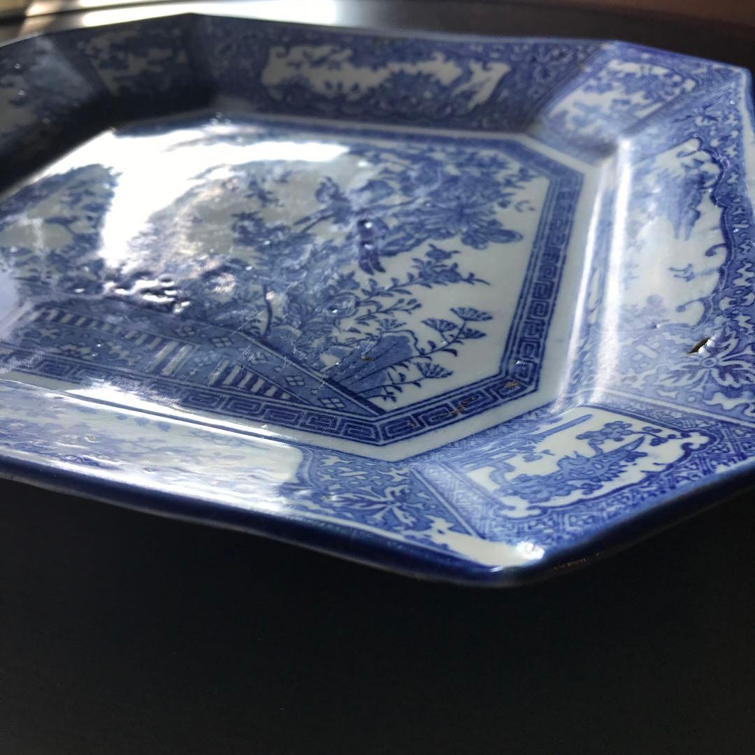美品　陶器　年代物　盛り皿　角皿　八角絵皿　丁寧に描かれた雷鳥や菊の絵柄が素敵な