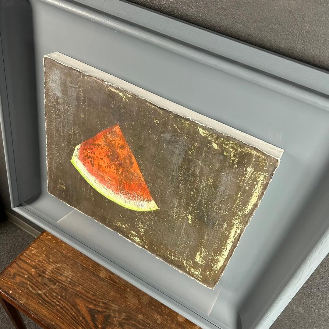 美品 来野月乙「西瓜」染色絵 共シール有 直筆サイン入 立体額 京都の染色作家