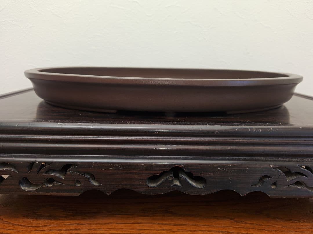 陶器製楕円形盆栽鉢 約48cm x 36cm×5cm　山秋　薄型・大型盆栽鉢