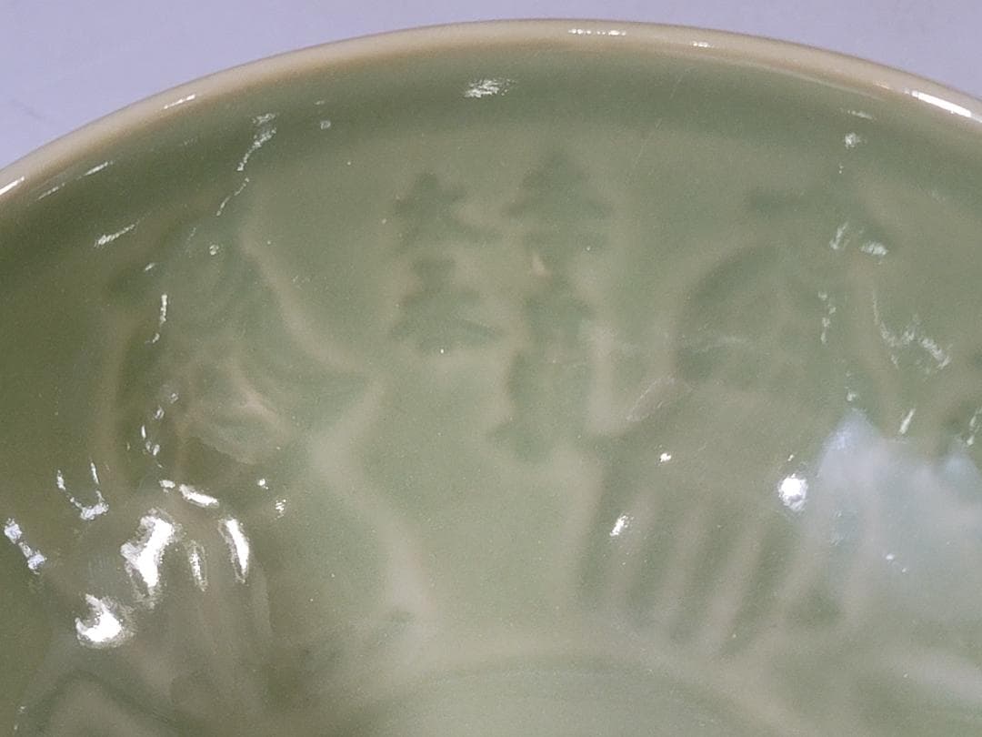 茶道具 中国 青磁 牡丹唐草紋 茶碗 DT778