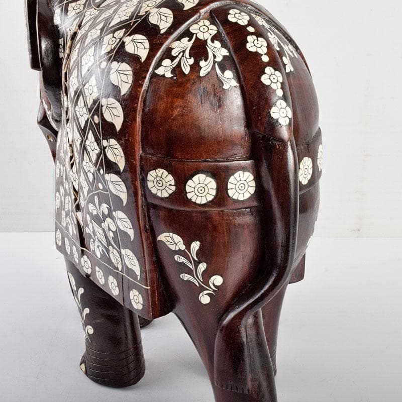 中国　唐木紫壇製　獣骨象嵌装飾　インド象　置物　V　R4905B