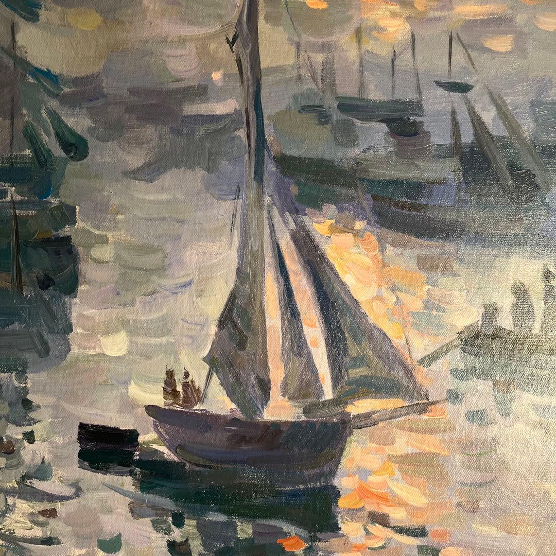 手書き油絵 クロード・モネ 日の出 海 額付 絵画 インテリア 油彩画