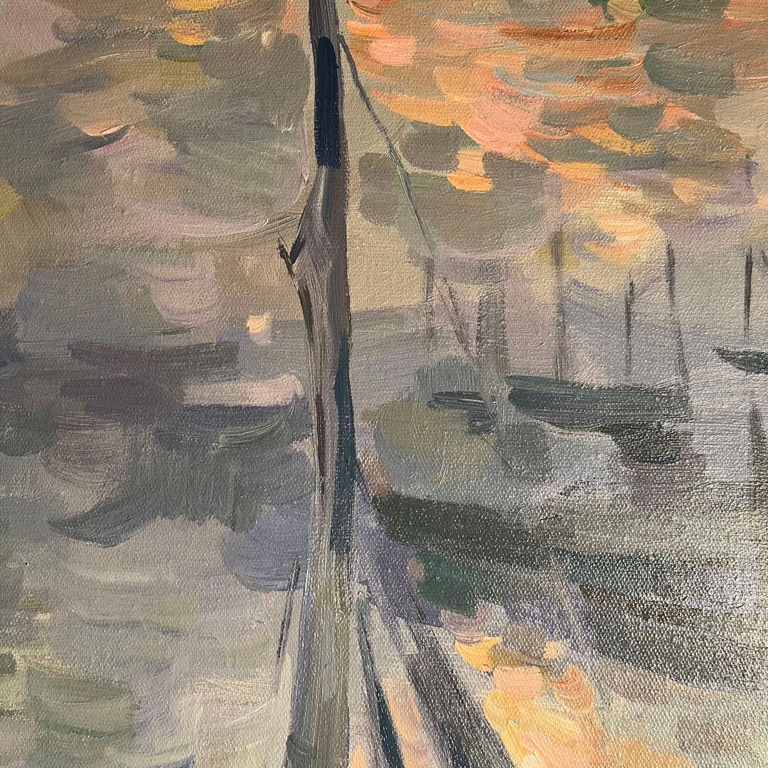 手書き油絵 クロード・モネ 日の出 海 額付 絵画 インテリア 油彩画