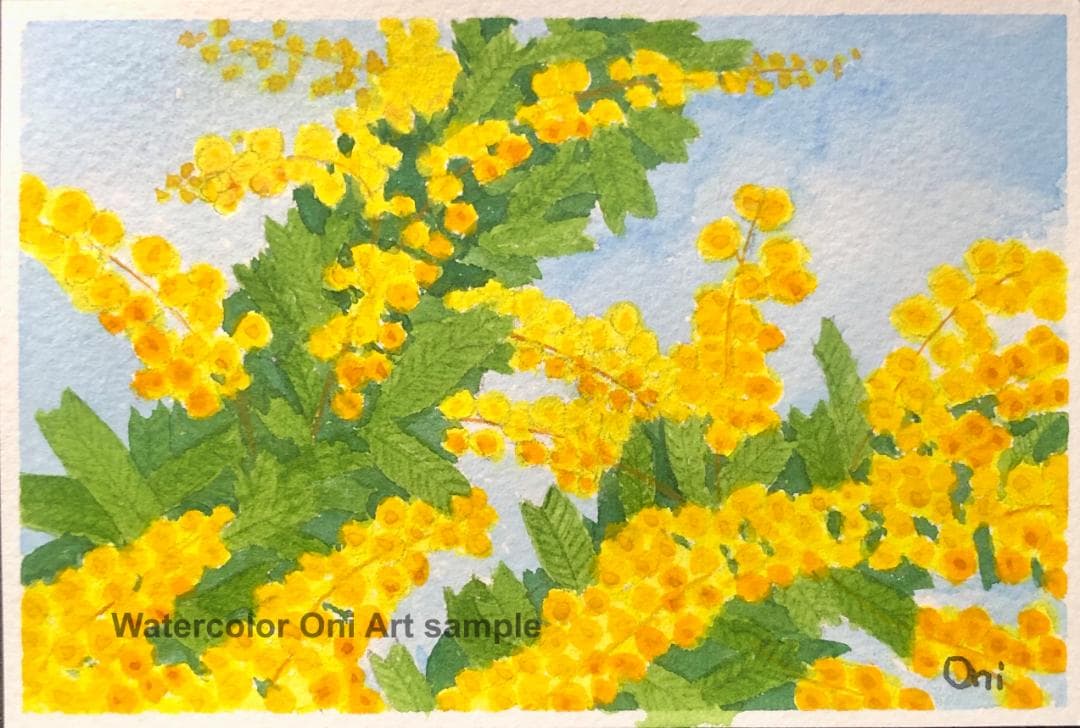 あん　透明水彩画　原画「狩宿の下馬桜」額縁付＋原画3点　はがきサイズ