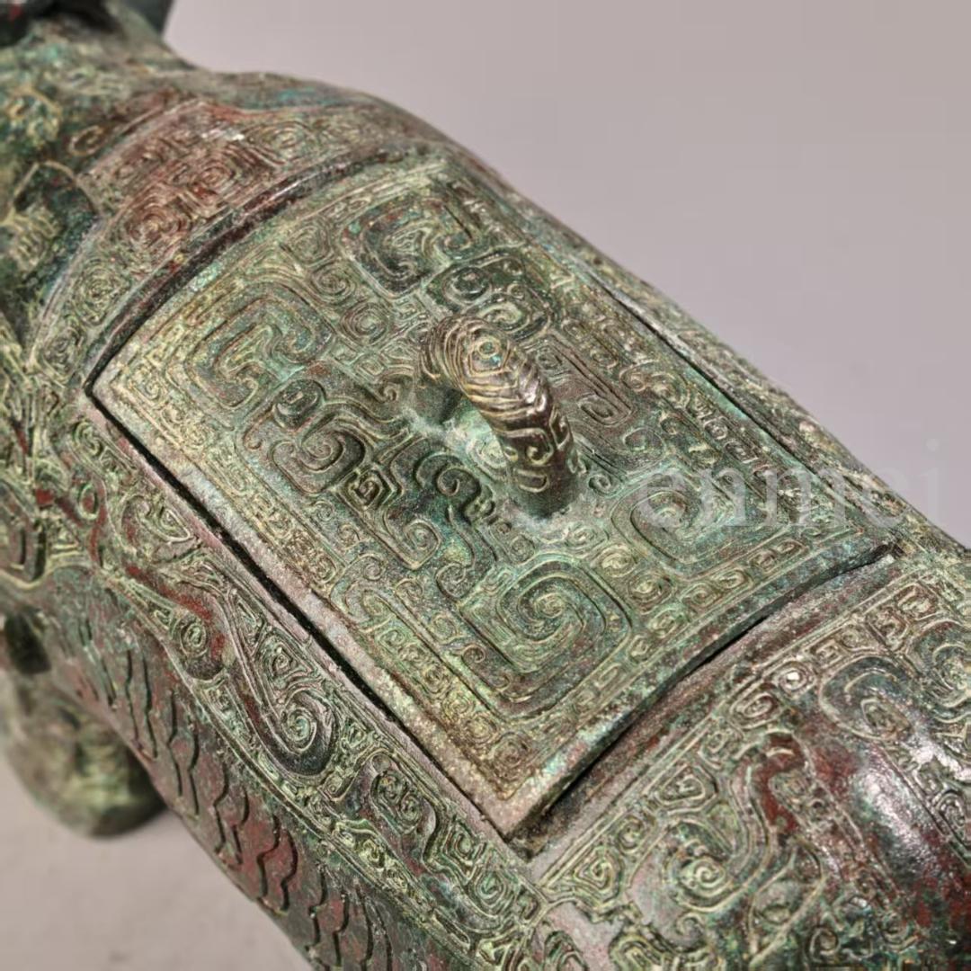 中国古美術・珍品旧藏・青銅器 牛尊 彫刻銘文入・高浮彫錾刻・純銅・置物・風水開運