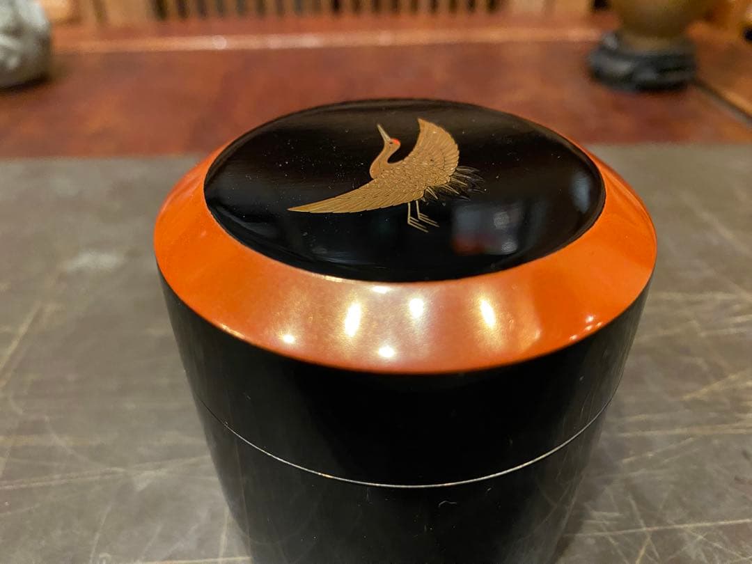 美品　輪島塗　棗　蒔絵・鶴紋　　　　鈴谷鐵五郎作 茶道具・ヴィンテージ