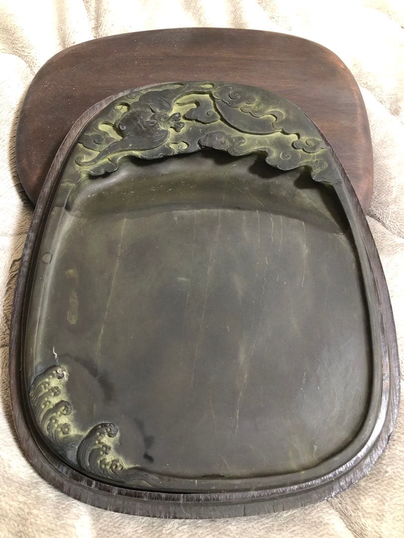 端溪硯 雲蝠文 老坑 水巖 大西洞 金綫 青花 書道用品 端渓硯 骨董